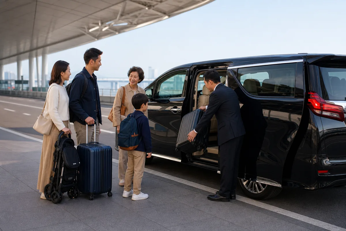 深圳宝安机场接机后乘坐深色七座商务车前往香港的家庭旅客