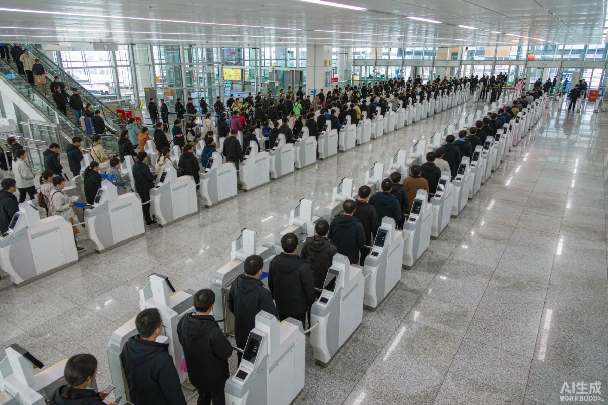 AI生成的节假日口岸自助查验通道排队场景示意图