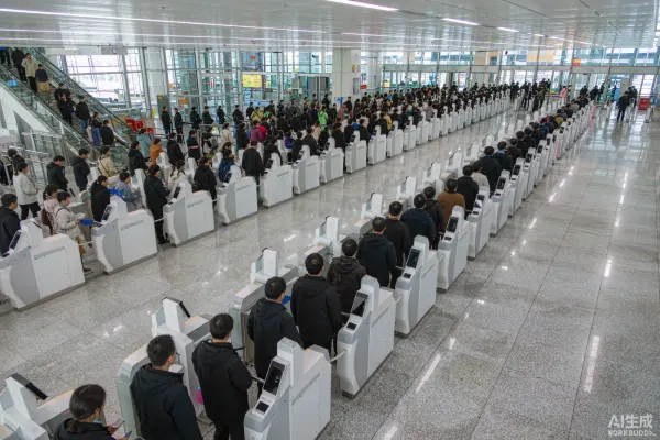 AI生成的节假日口岸自助查验通道排队场景示意图